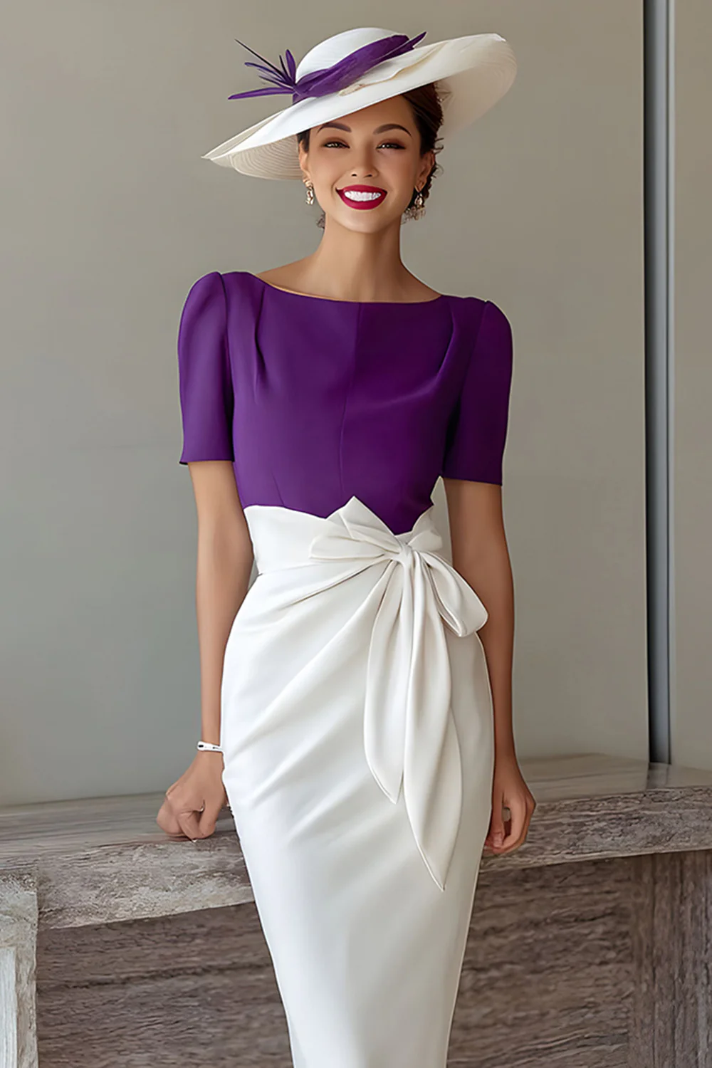 Grape Pencil Boat Neck Midi Mother of the Bride Dress with Bow - VNBITS