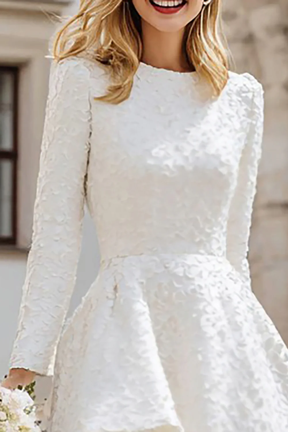 Ivory A Line Round Neck High-Low Engagement Dress with Sleeves - VNBITS
