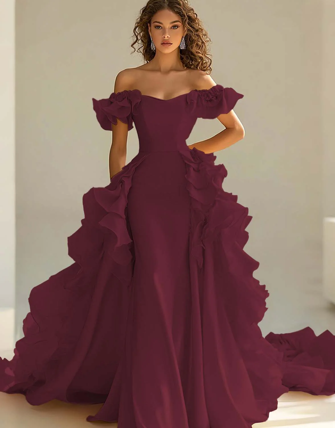 Yellow Satin Long Off the Shoulder Prom Dress with Ruffles - VNBITS