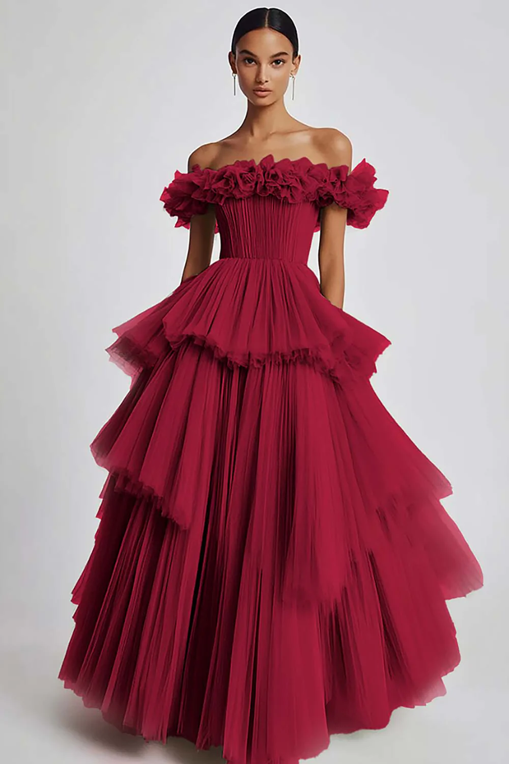 Dusty Sage Tulle Off the Shoulder Long Formal Dress with Ruffles - VNBITS