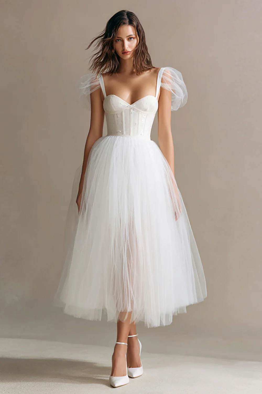 Simple White A Line Corset Tulle Long Engagement Dress - VNBITS