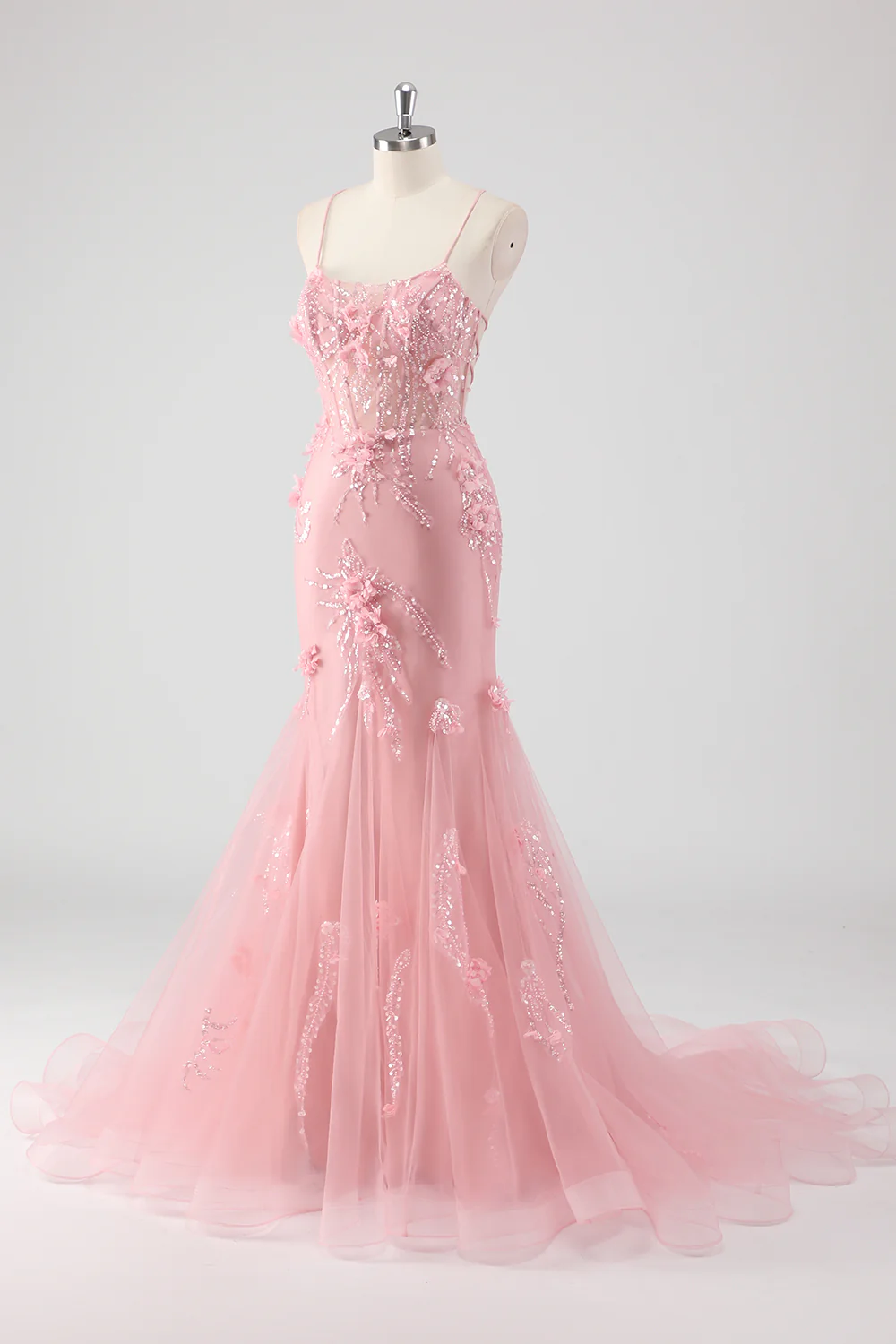 Sparkly Blue Mermaid Long Prom Dress with 3D Flowers - VNBITS