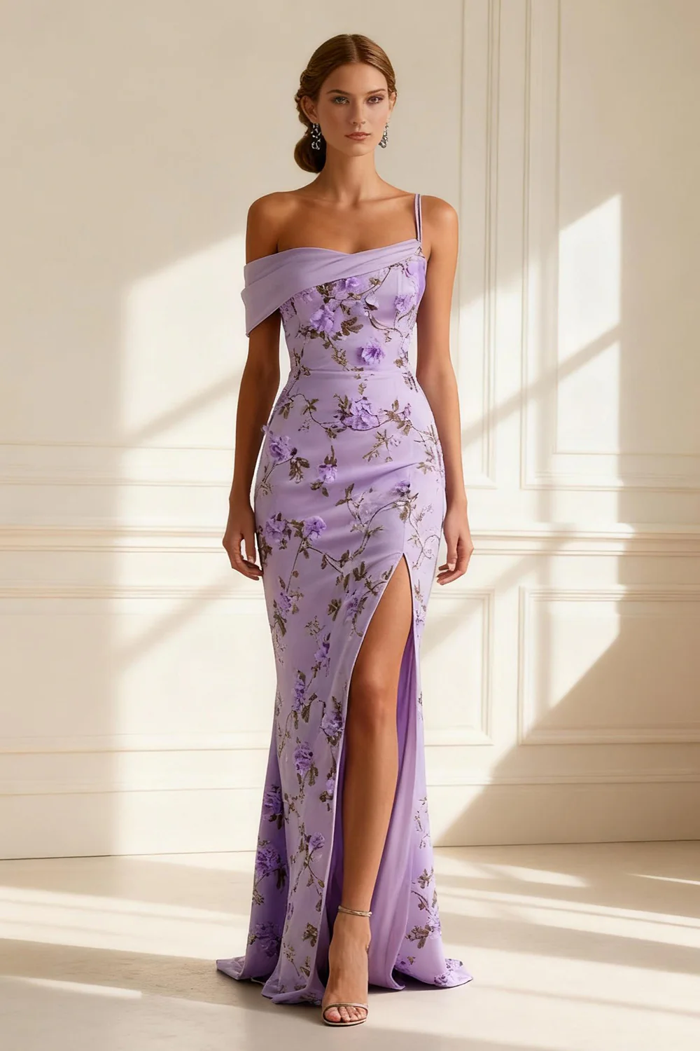 Floral Purple Mermaid Spaghetti Straps Long Prom Dress with Slit - VNBITS