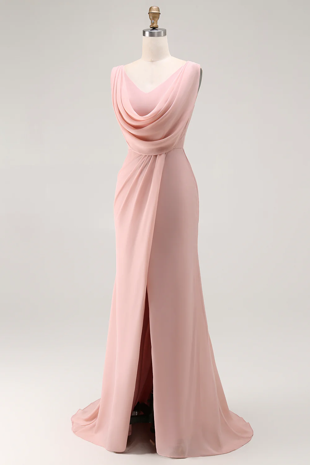 Blush Pink Cowl Neck Long Bridesmaid Dress with Slit - VNBITS