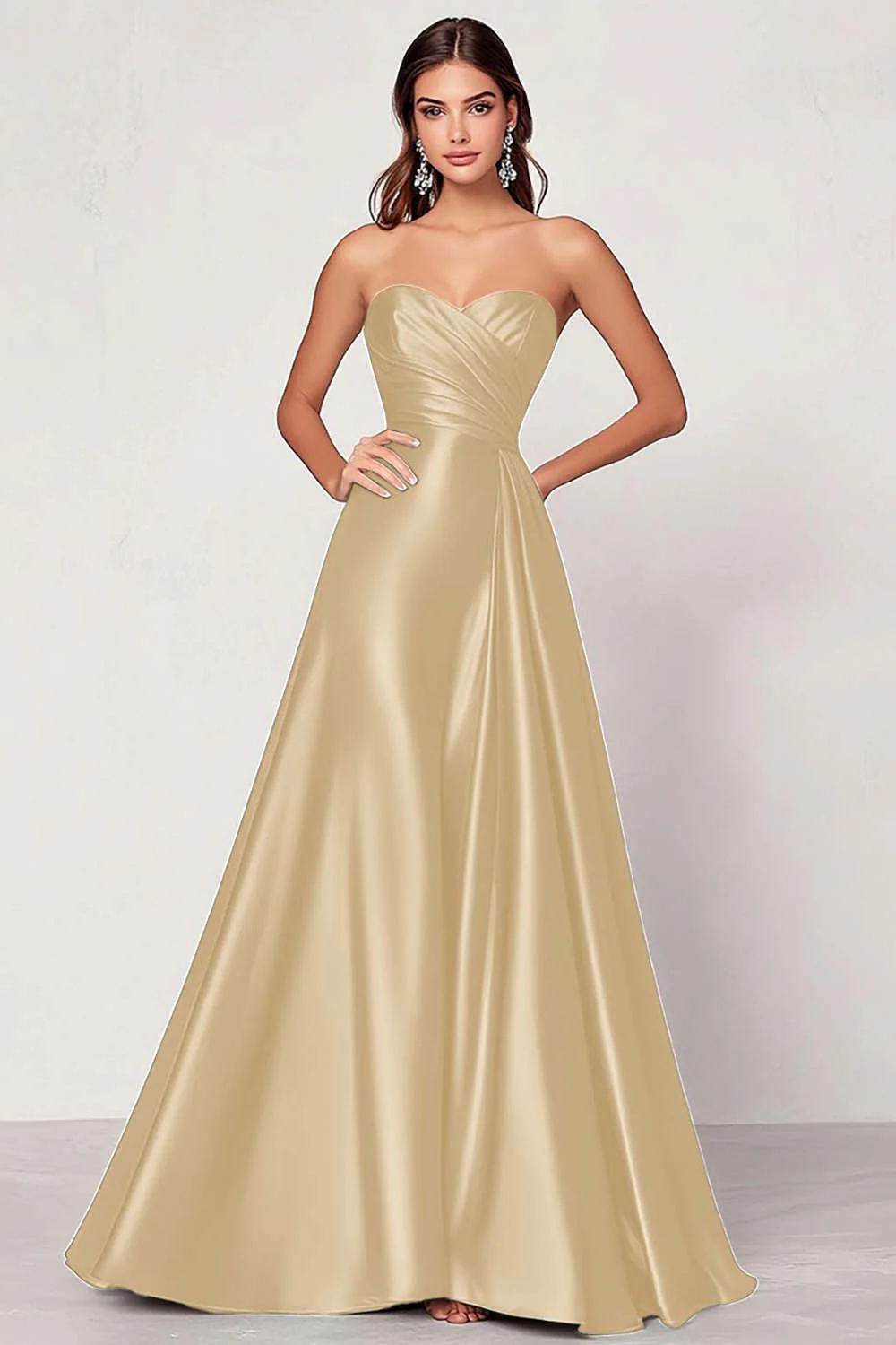 Dusty Blue Satin A Line Sweetheart Long Ruched Prom Dress - VNBITS