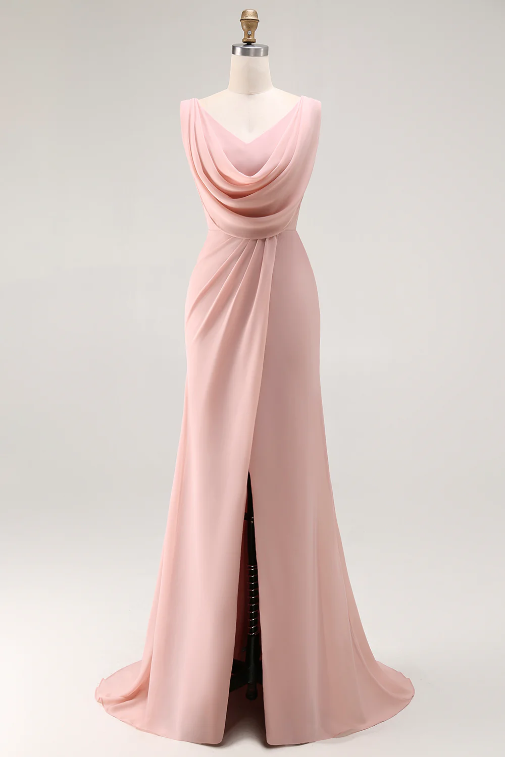 Blush Pink Cowl Neck Long Bridesmaid Dress with Slit - VNBITS