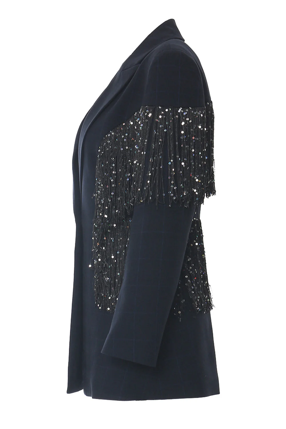 Sparkly Navy Peak Lapel Women Blazer with Fringes - VNBITS