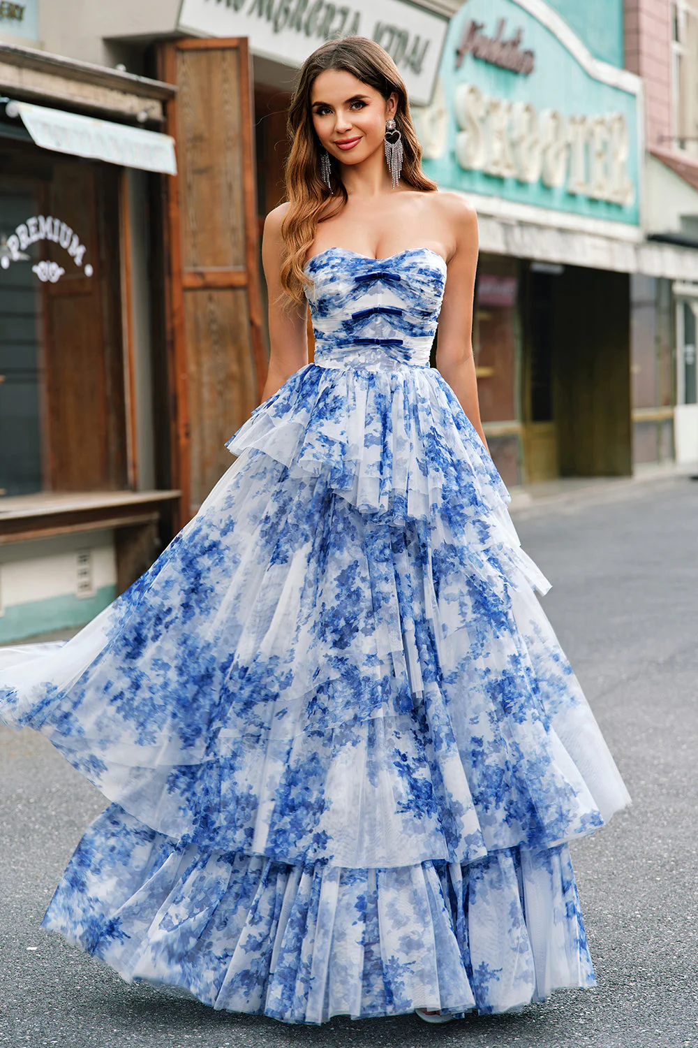 White Blue Flower Tiered Sweetheart A-Line Long Prom Dress - VNBITS