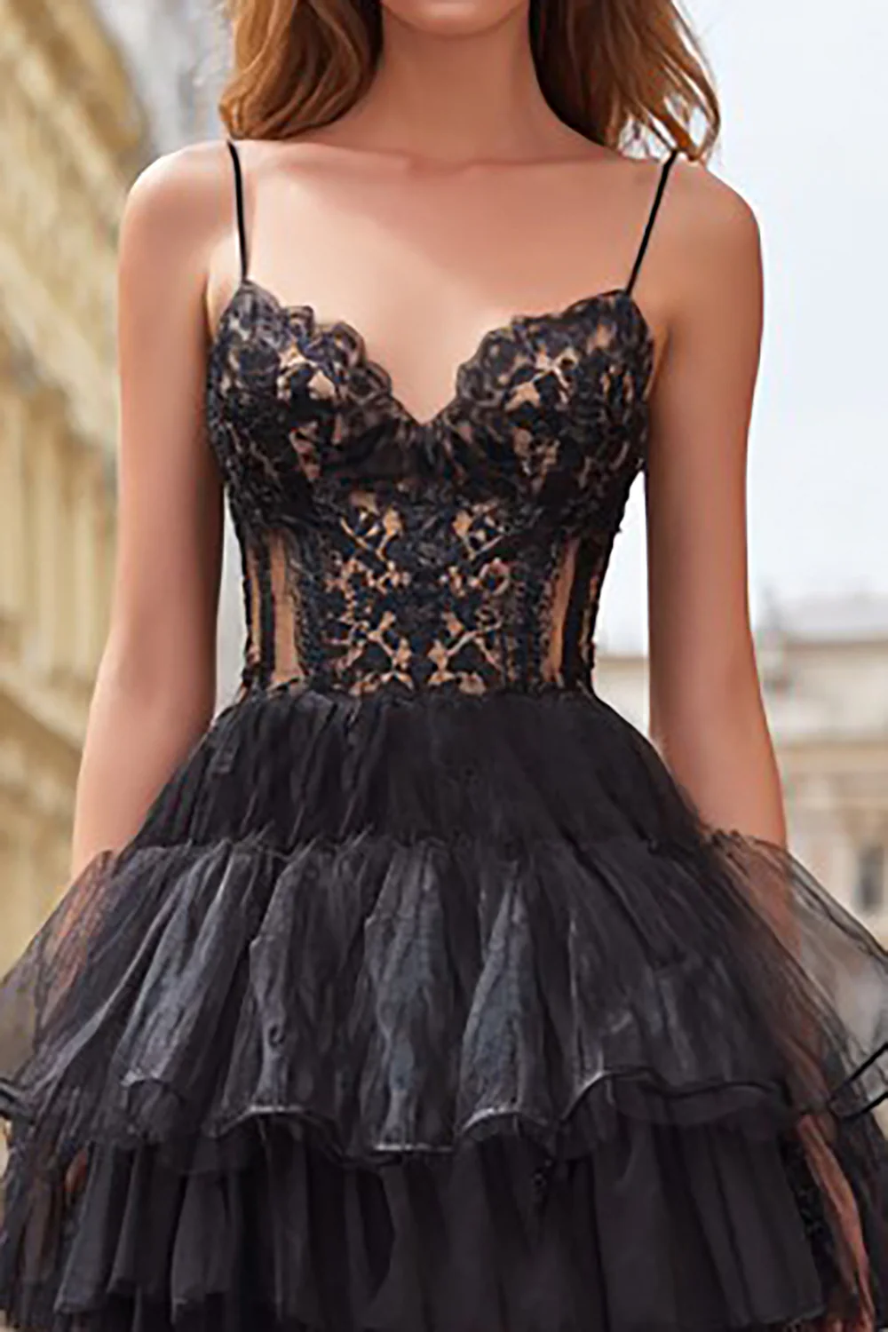 Black Tulle Tiered Corset Spaghetti Straps Long Prom Dress with Lace - VNBITS