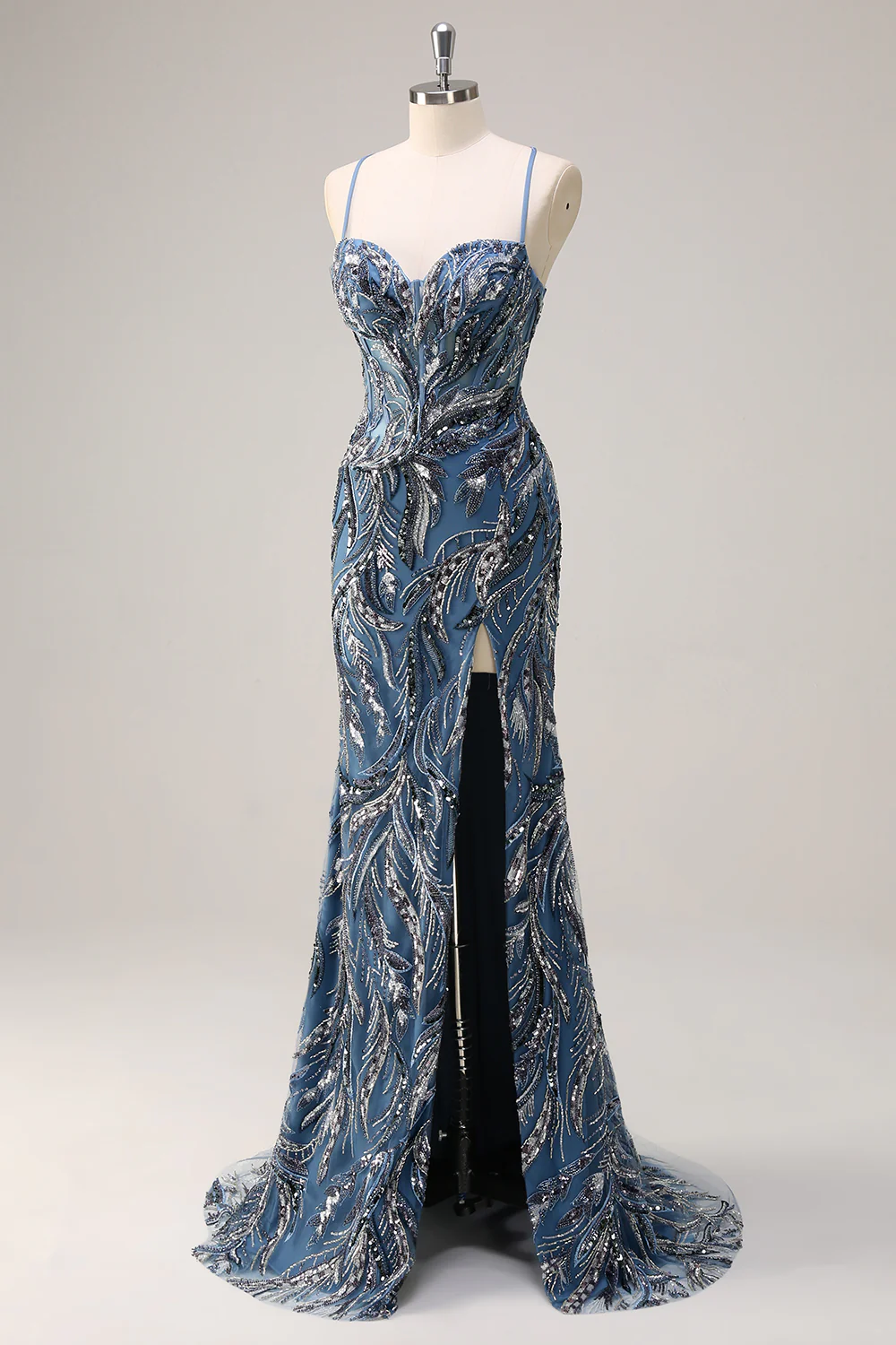Sparkly Sage Mermaid Sequined Beaded Spaghetti Straps Long Prom Dress - VNBITS