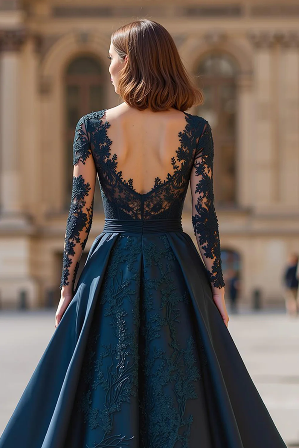 Navy V-Neck Long Sleeves A-Line Long Mother of the Bride Dress with Lace - VNBITS