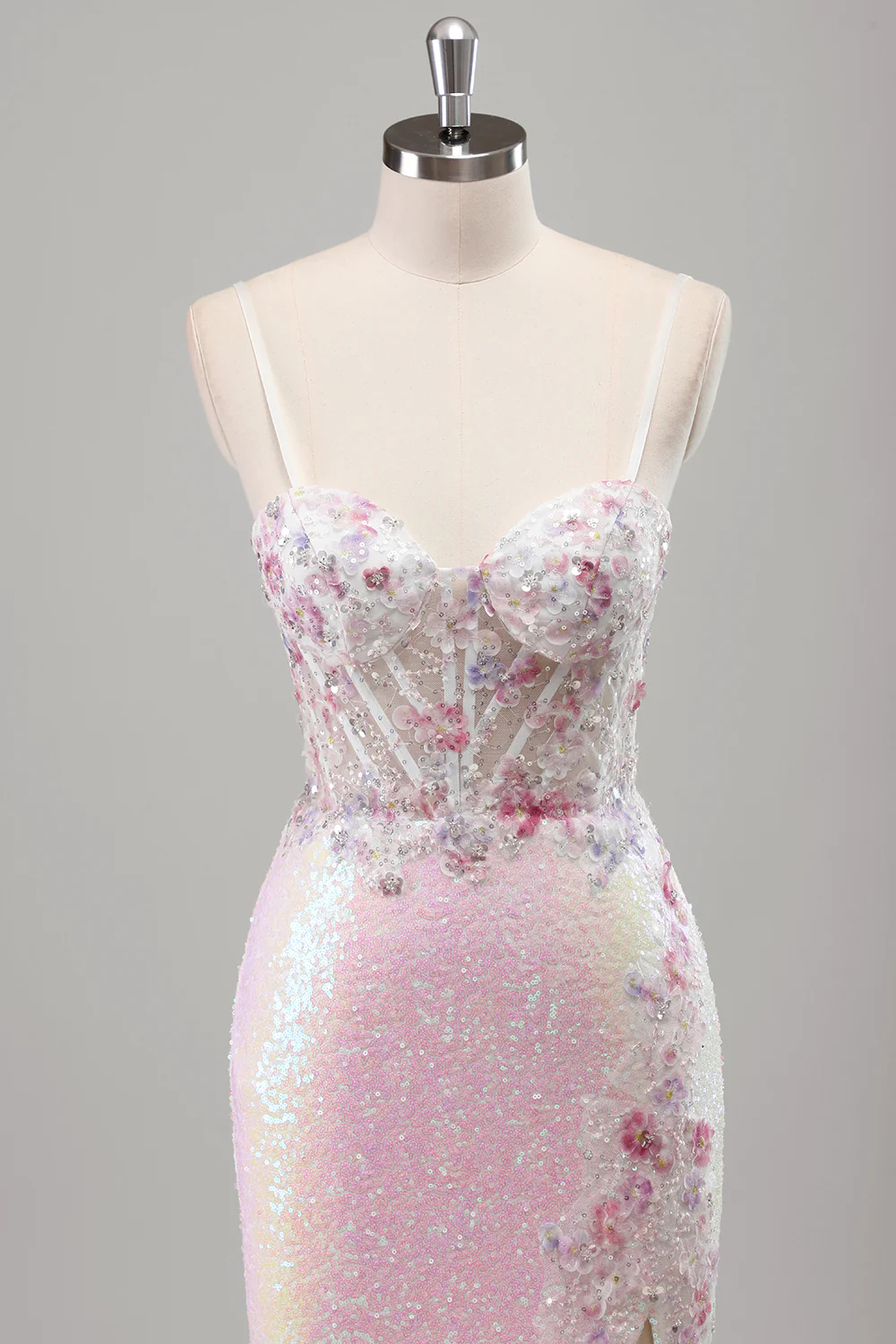 Sparkly Pink Floral Mermaid Sequined Spaghetti Straps Long Prom Dress with Slit - VNBITS
