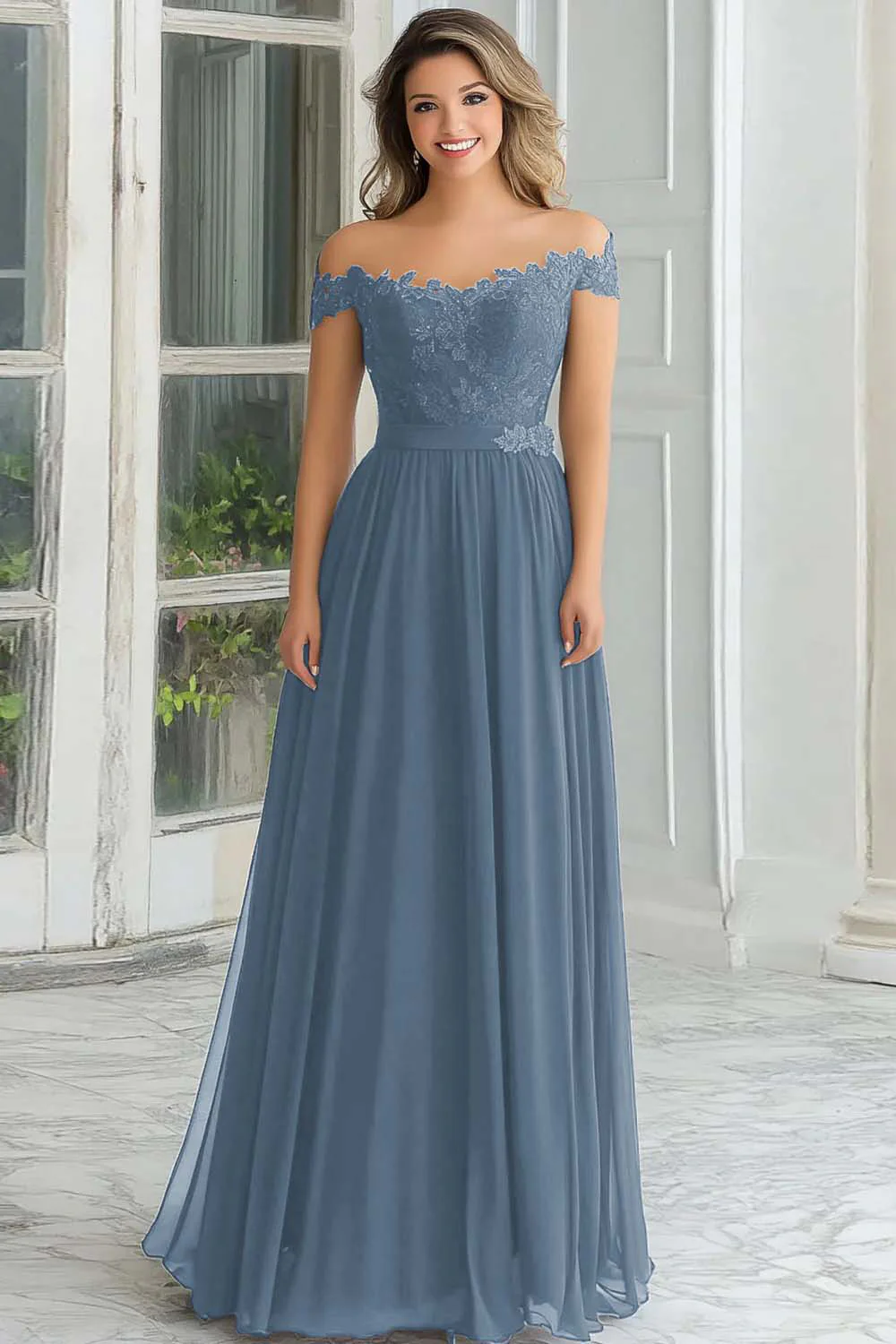 Elegant A-Line Navy Off the Shoulder Chiffon Long Mother Of the Bride Dress with Lace Appliques - VNBITS