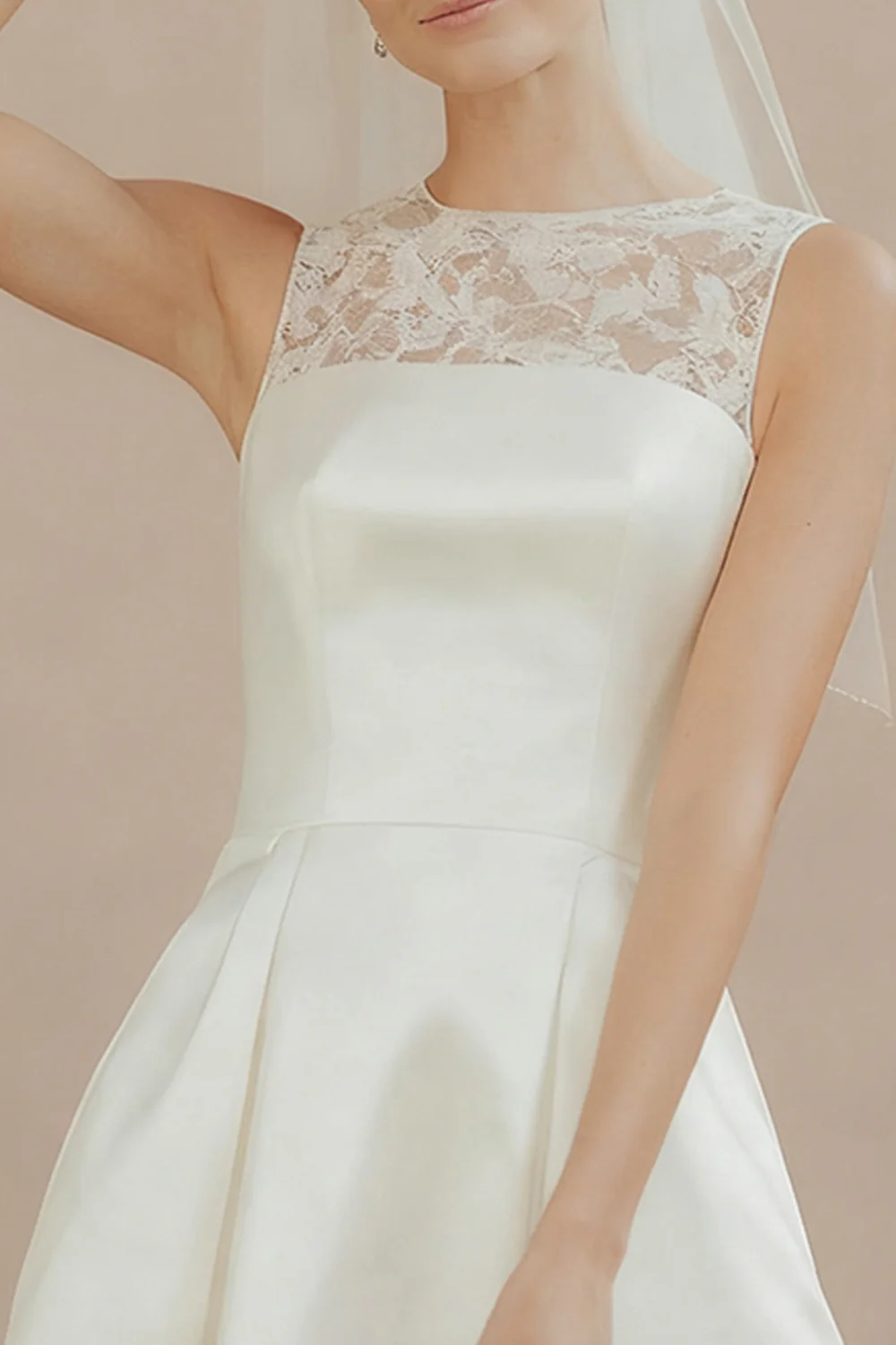 White A Line Satin Round Neck Short Wedding Dress with Lace - VNBITS