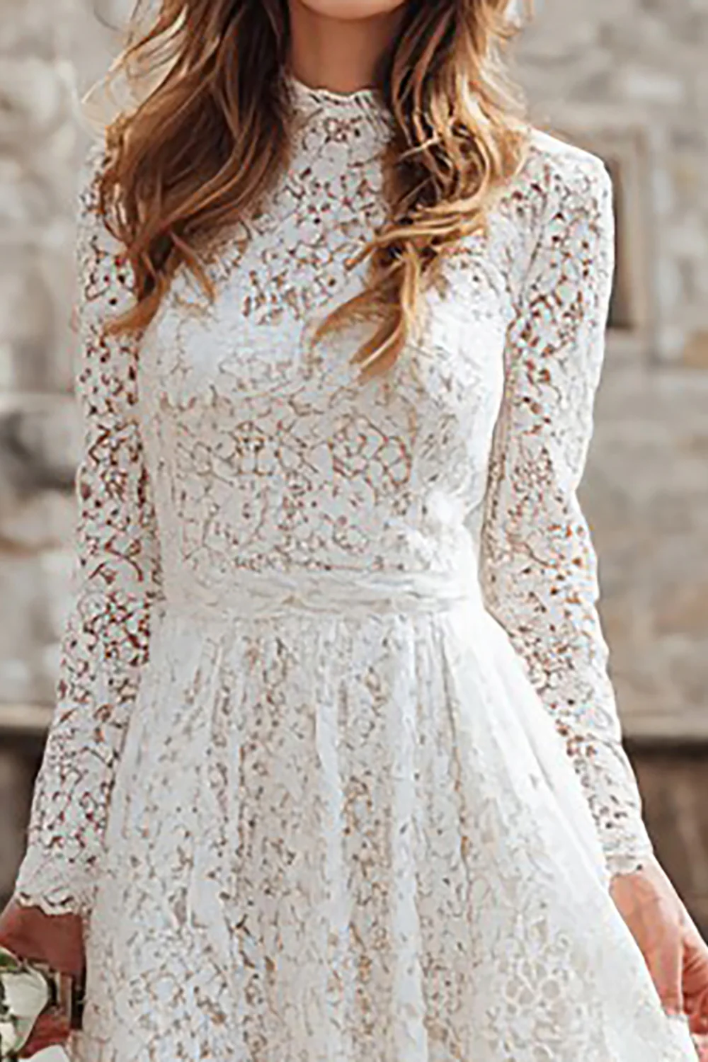 Ivory Lace A Line Long Sleeves Wedding Dress - VNBITS