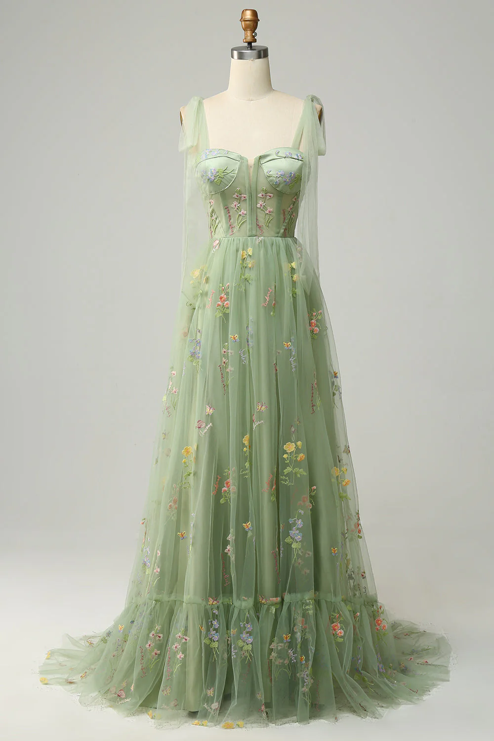 Green Embroidery Corset Long Prom Dress - VNBITS