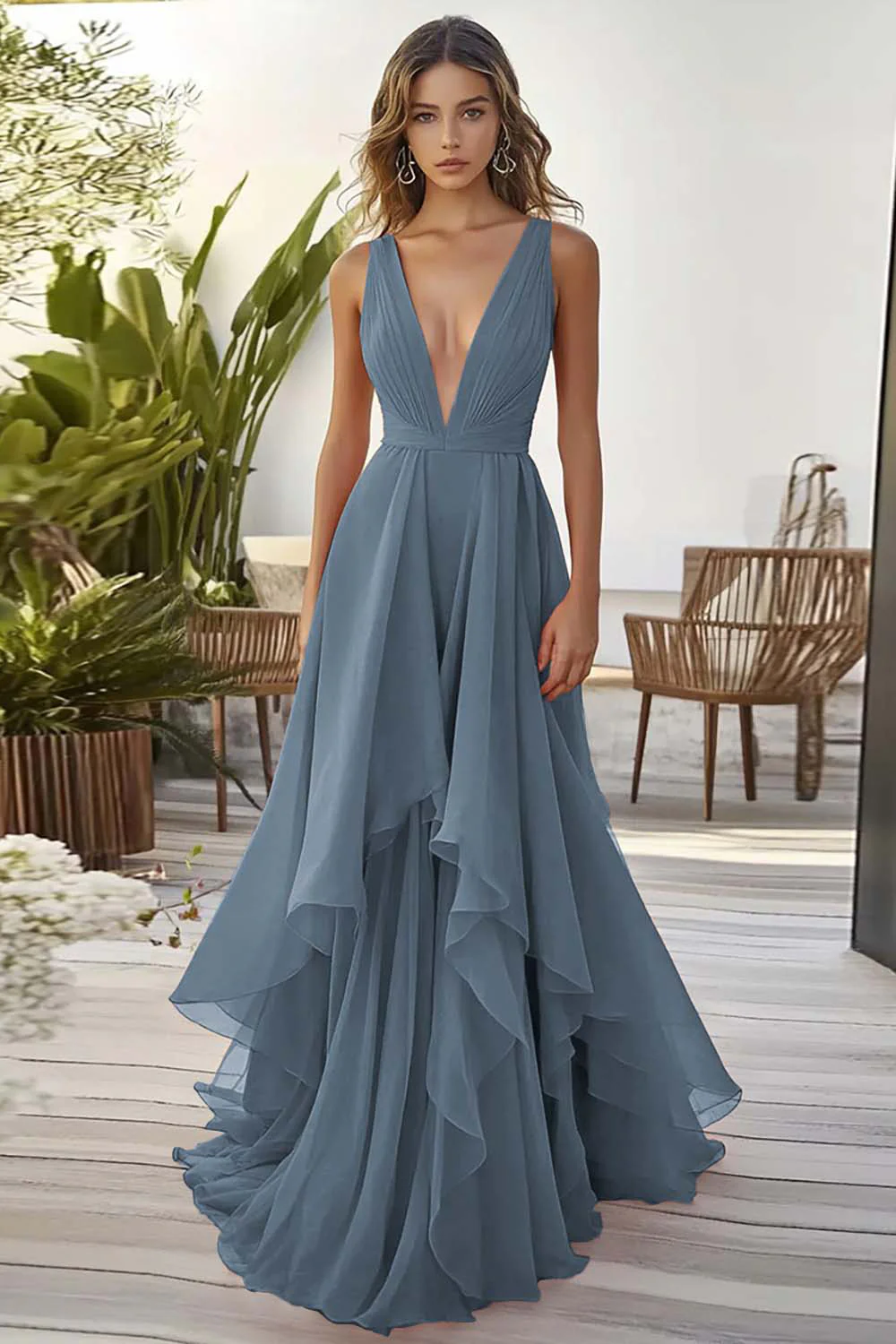 Dusty Blue Chiffon Deep V-Neck A Line Long Wedding Guest Dress with Ruffles - VNBITS