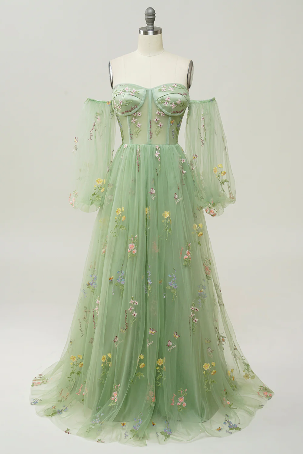 Green Off Shoulder Floral Long Prom Dress - VNBITS