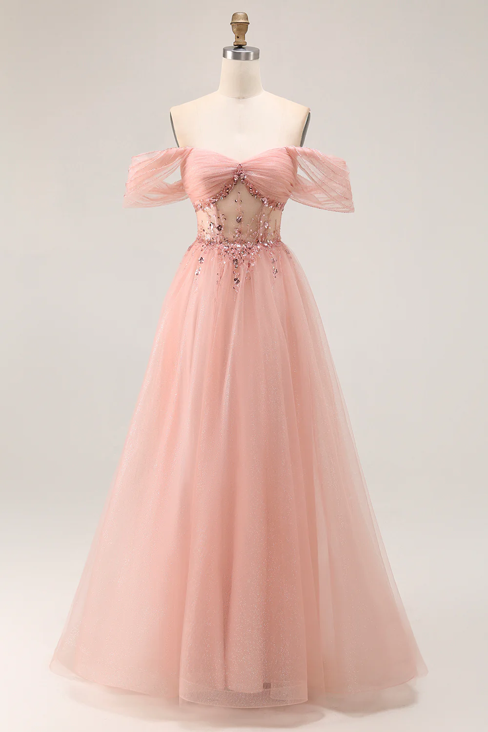 Sparkly Blush Off the Shoulder Long Prom Dress with Sequins - VNBITS