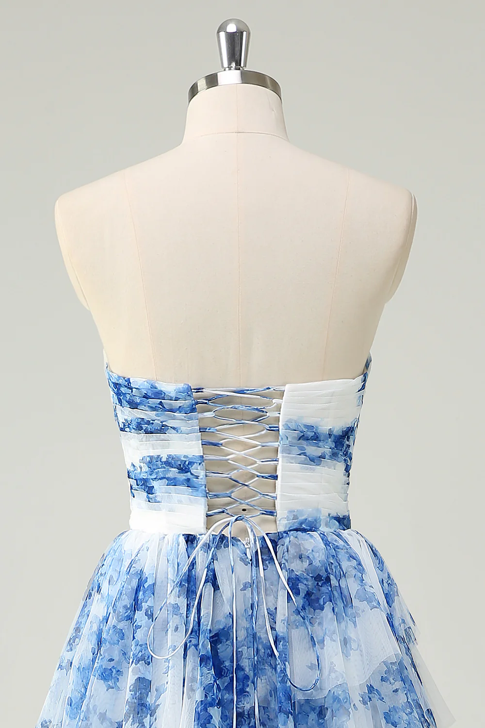 White Blue Flower Tiered Sweetheart A-Line Long Prom Dress - VNBITS