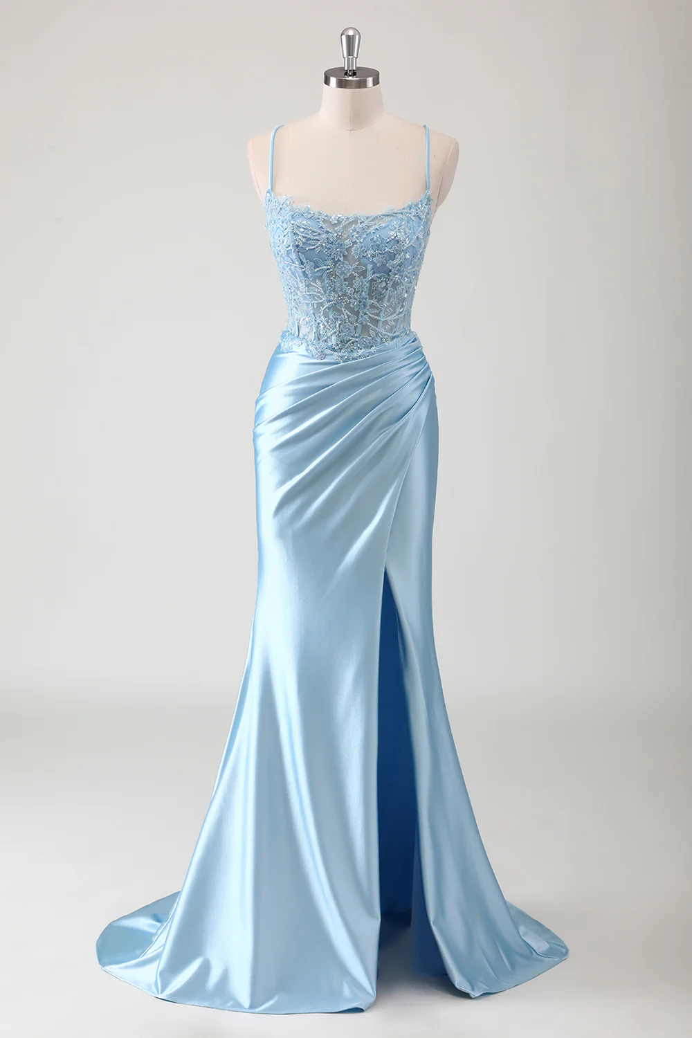 Blue Mermaid Beaded Applique Spaghetti Straps Corset Long Prom Dress with Slit - VNBITS