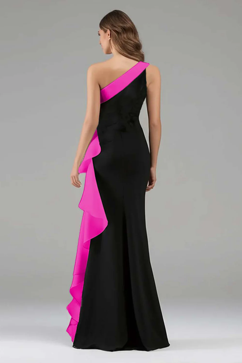 Black and Blue One Shoulder Long Formal Dress with Ruffles - VNBITS