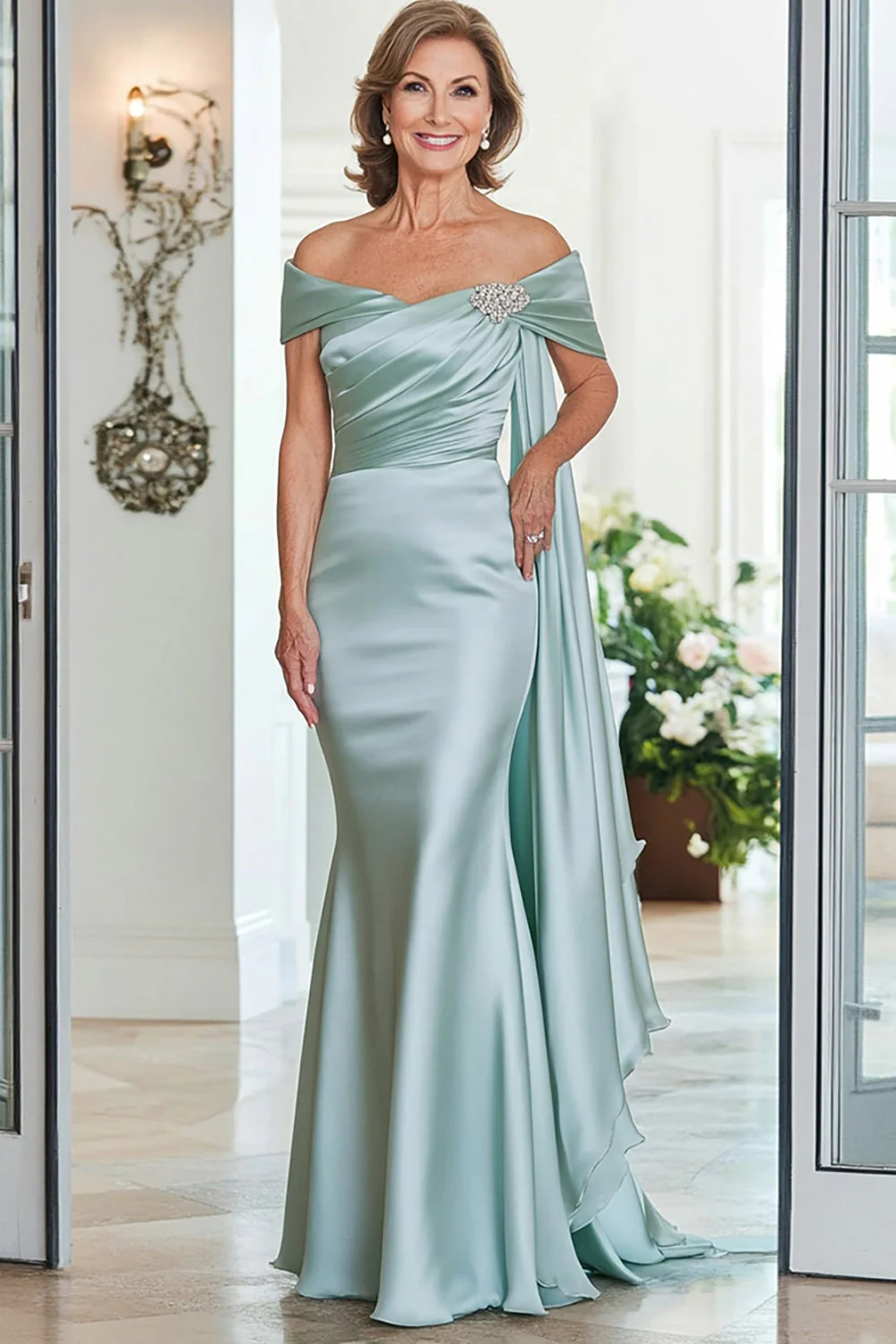 Mint Mermaid Satin Streamer Long Mother of the Bride Dress - VNBITS