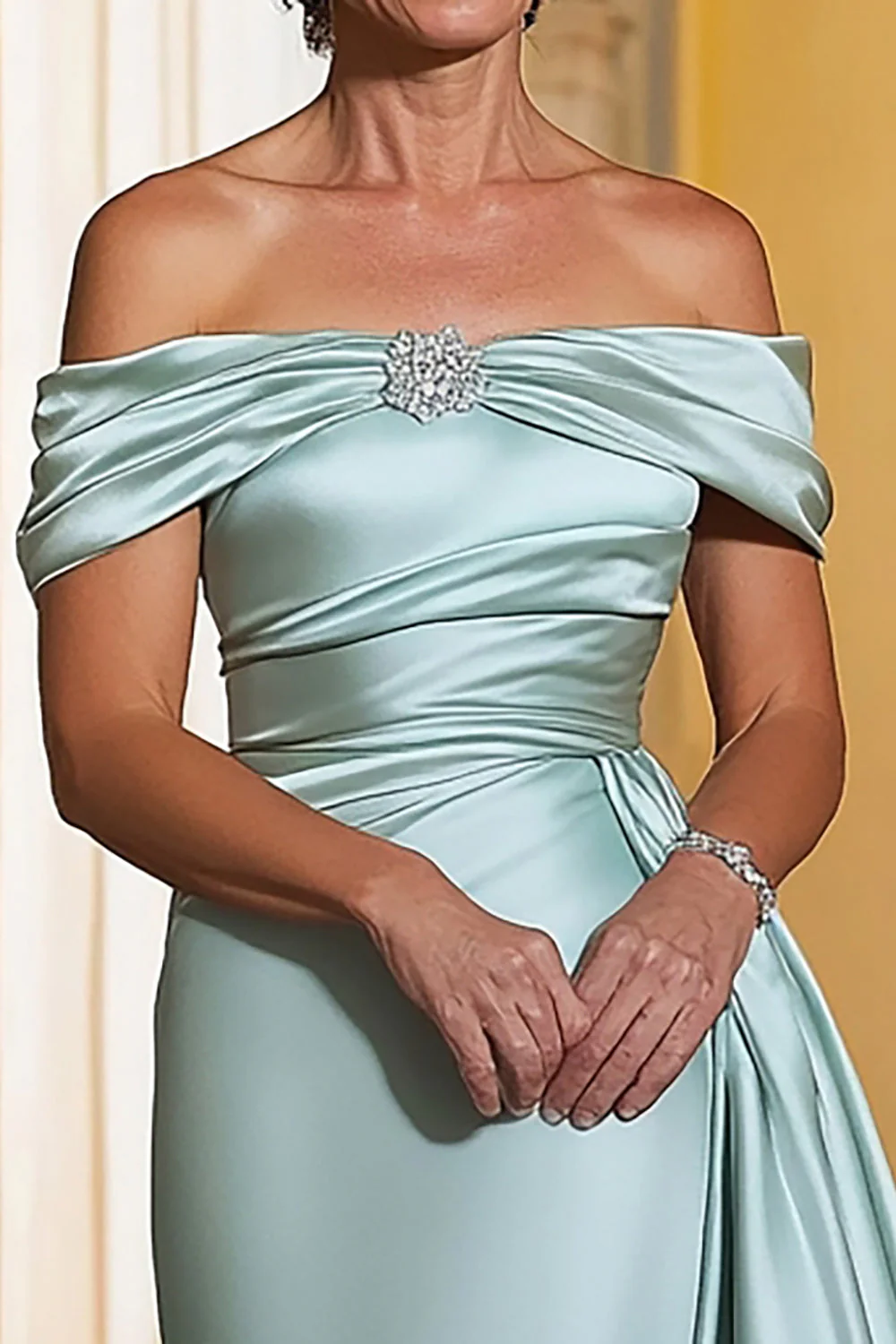 Satin Mint Sheath Off the Shoulder Long Mother of the Bride Dress - VNBITS