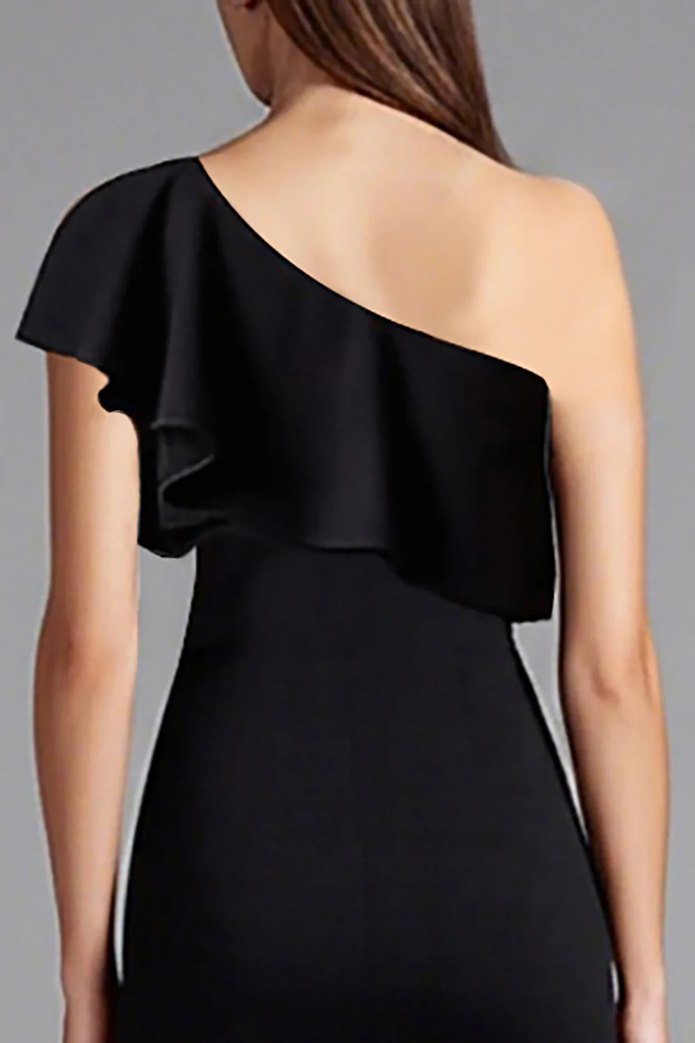 Satin One Shoulder Ruffled Long Black Tie Dress with Slit - VNBITS