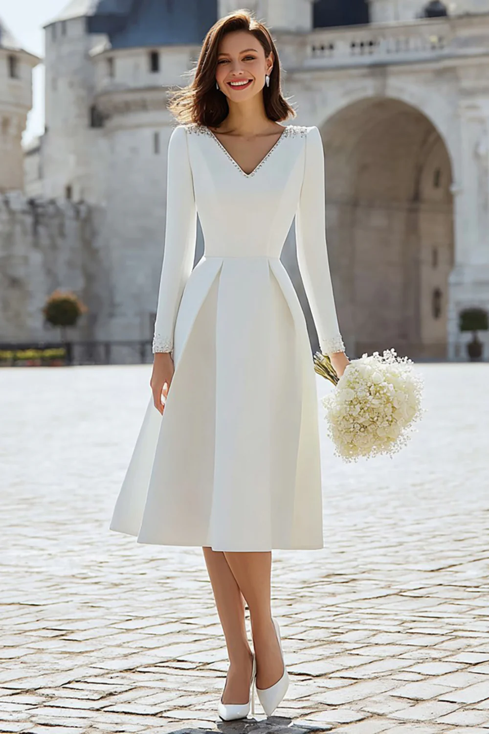 Sparkly Ivory A Line V-Neck Midi Engagement Dress with Sleeves - VNBITS