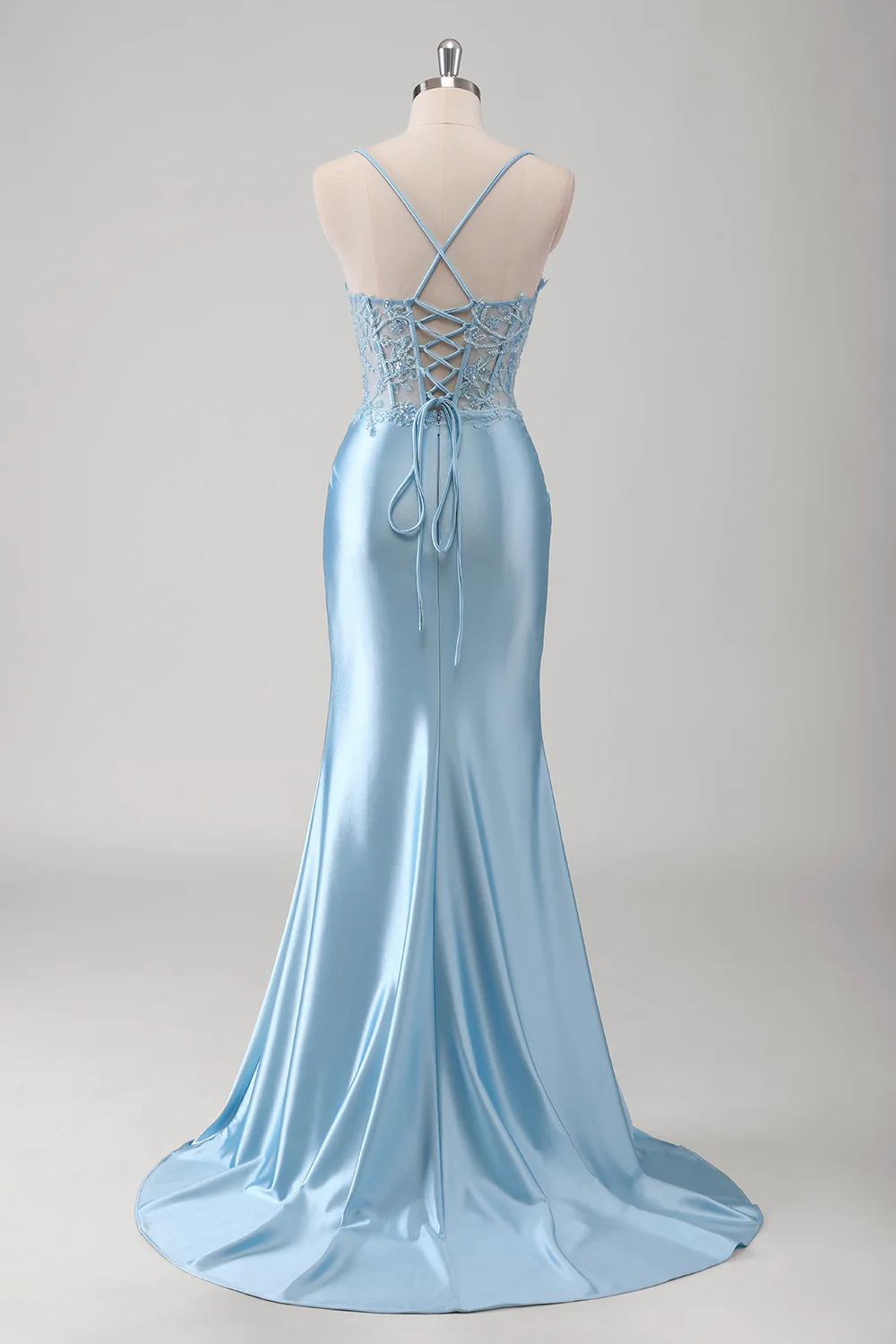 Blue Mermaid Beaded Applique Spaghetti Straps Corset Long Prom Dress with Slit - VNBITS