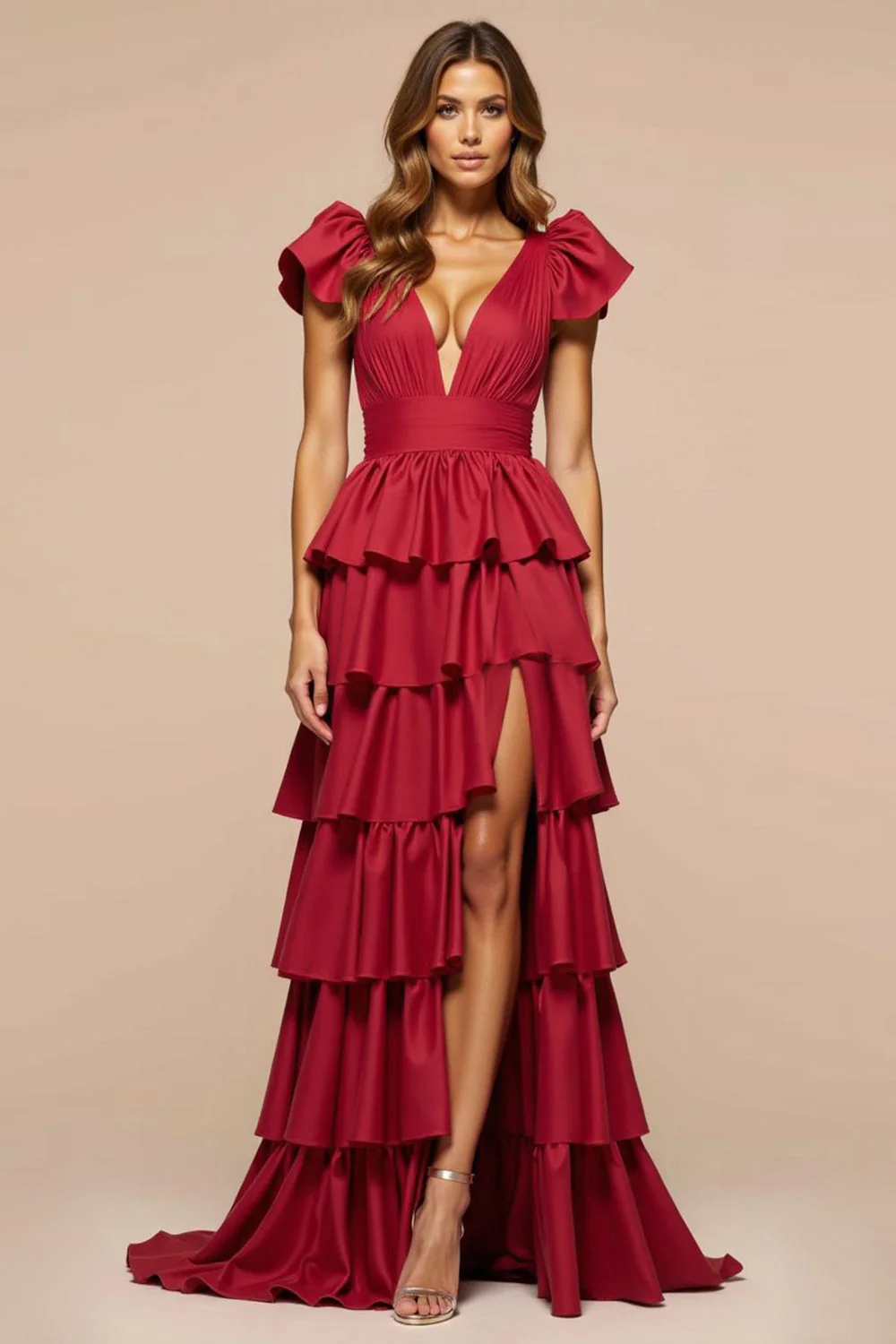 Elegant Dark Red A Line Satin Long Prom Dress with Ruffles - VNBITS