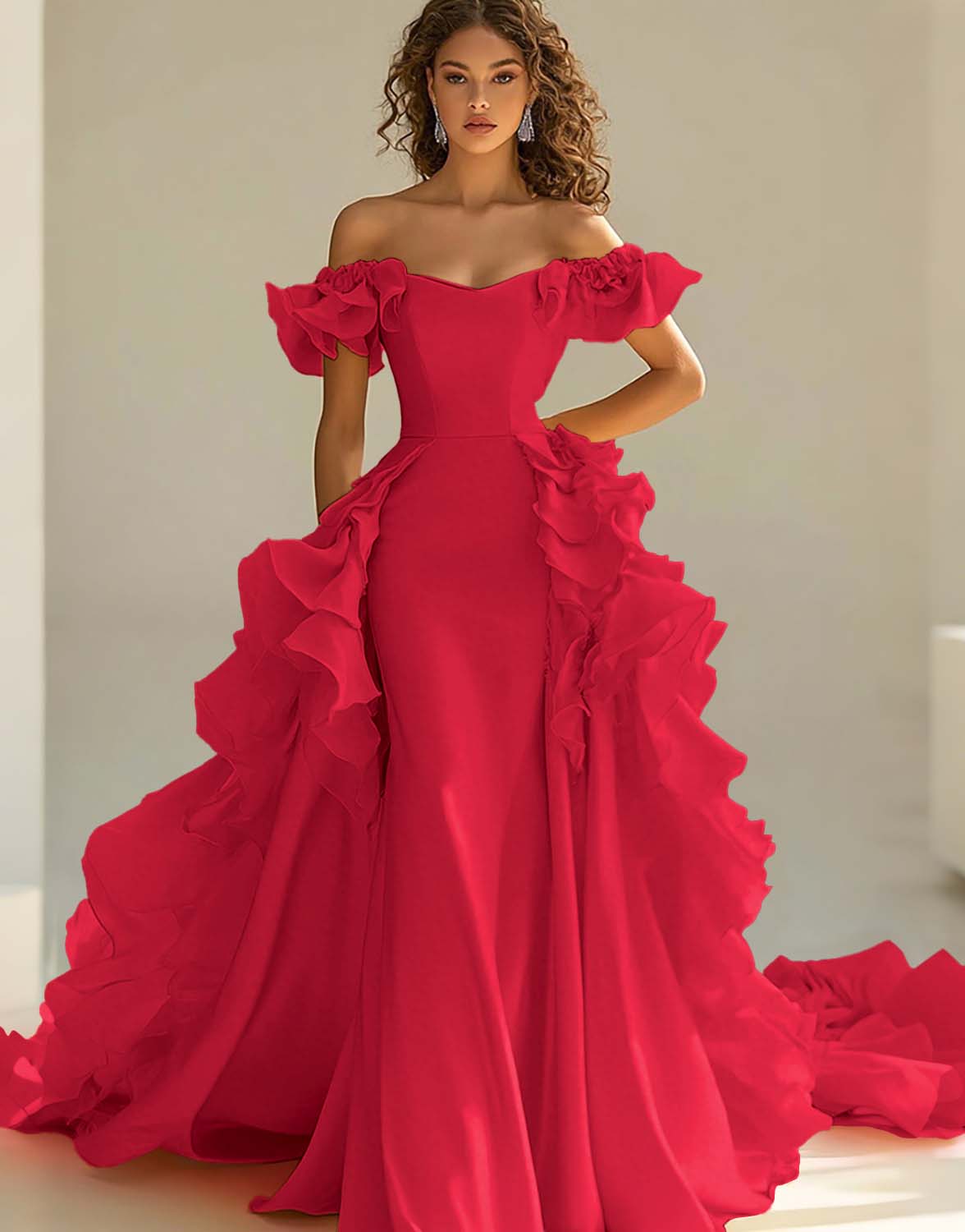 Yellow Satin Long Off the Shoulder Prom Dress with Ruffles - VNBITS