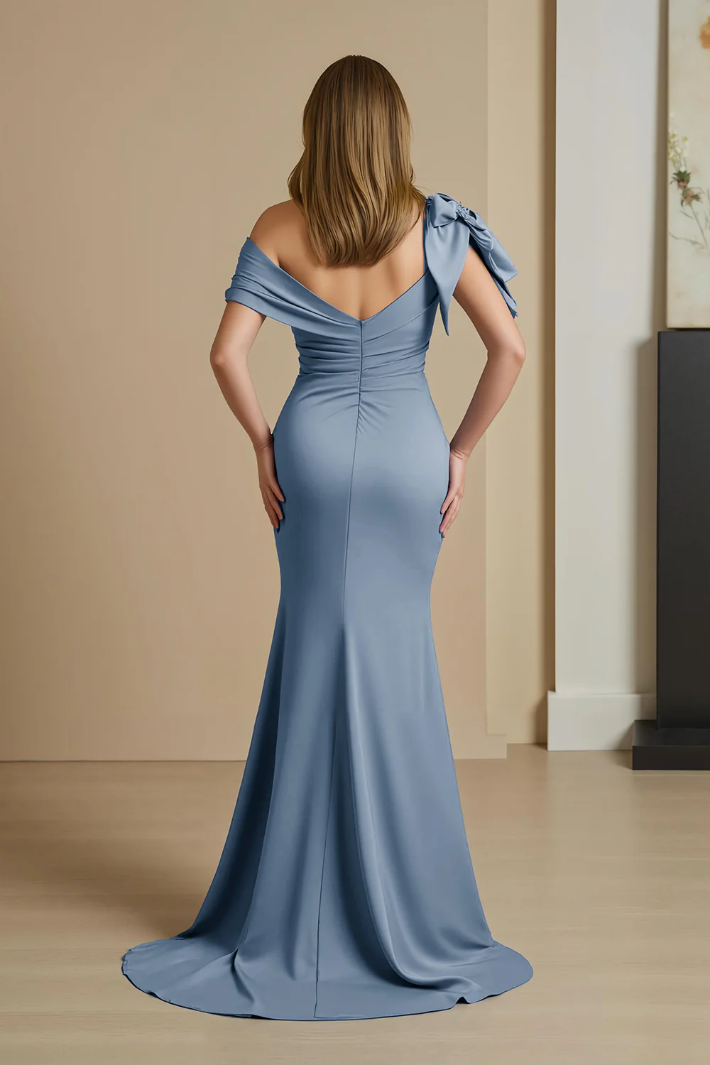 Dusty Blue Satin Mermaid Ruched Long Mother of the Bride Dress with Bow - VNBITS