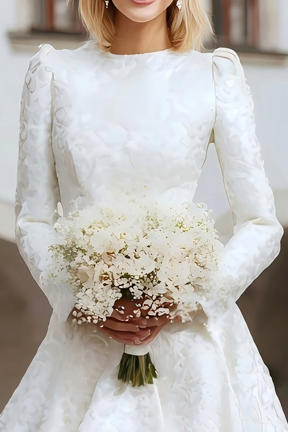Ivory A Line Round Neck High-Low Wedding Dress with Sleeves - VNBITS
