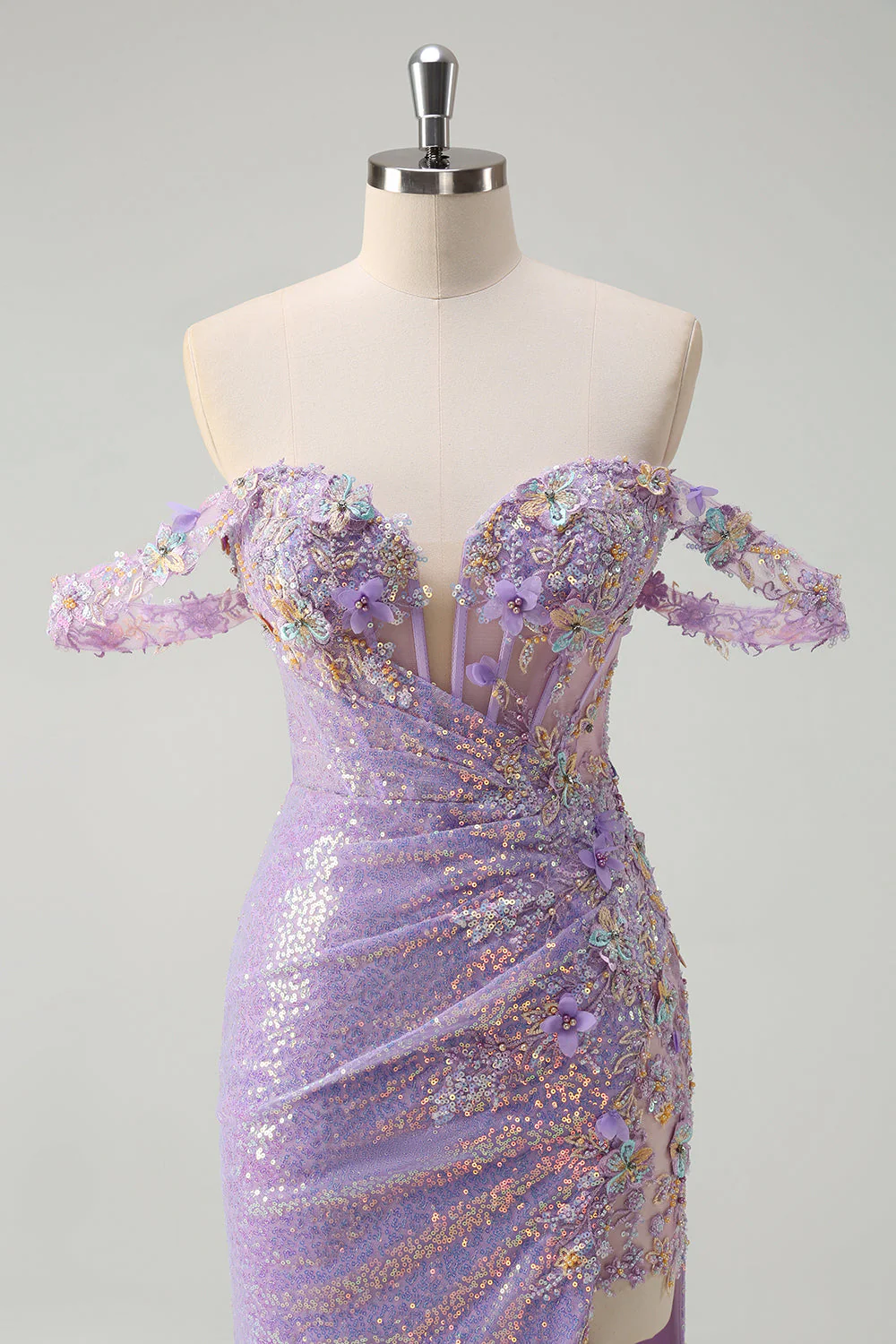 Sparkly Light Purple Mermaid Off The Shoulder Sequin Prom Dress with Slit - VNBITS