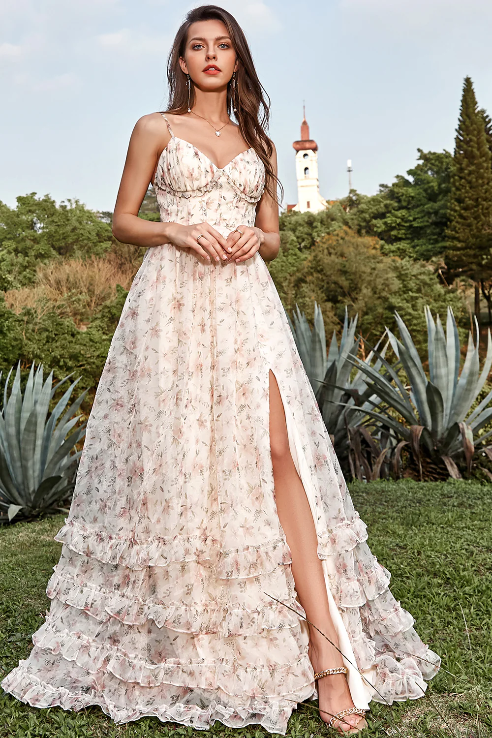 Apricot A Line Print Prom Dress with Slit - VNBITS