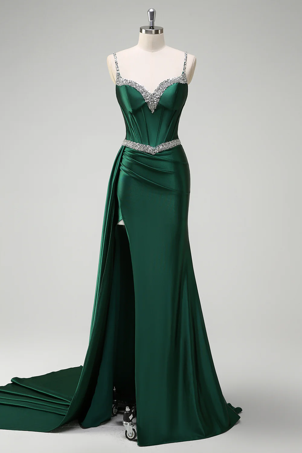 Dark Green Sequined Spaghetti Straps Mermaid Long Prom Dress with Slit - VNBITS