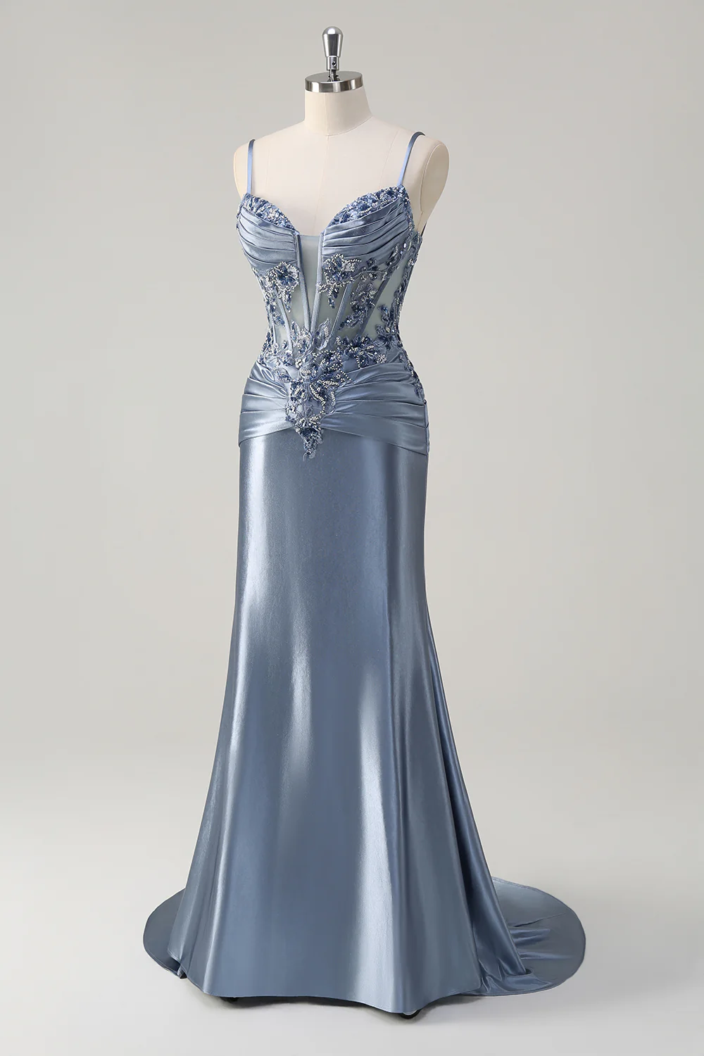 Grey Blue Floral Mermaid Spaghetti Straps Long Prom Dress with Appliques - VNBITS