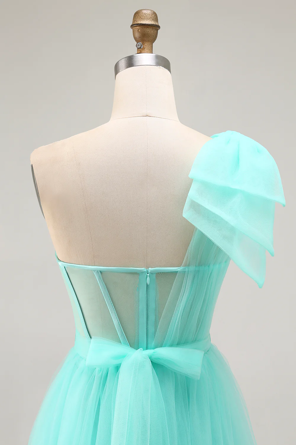 Mint Green Corset One Shoulder A Line Long Wedding Guest Dress with Slit - VNBITS