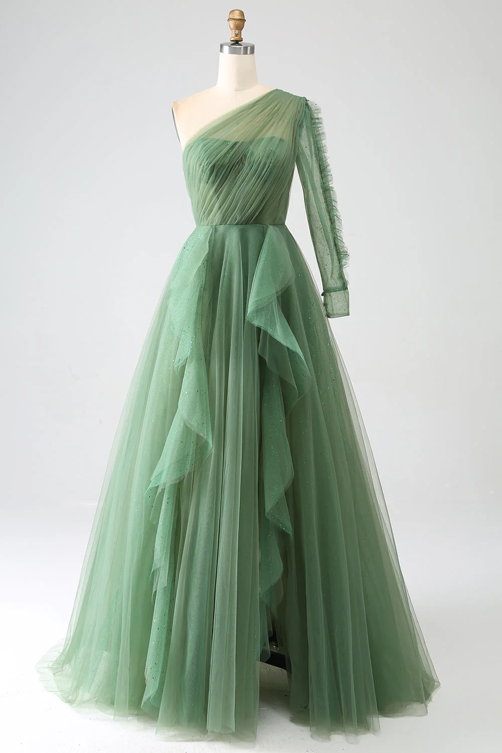 Dark Green A-Line One-Shoulder Long Prom Dresses With Long Sleeves - VNBITS