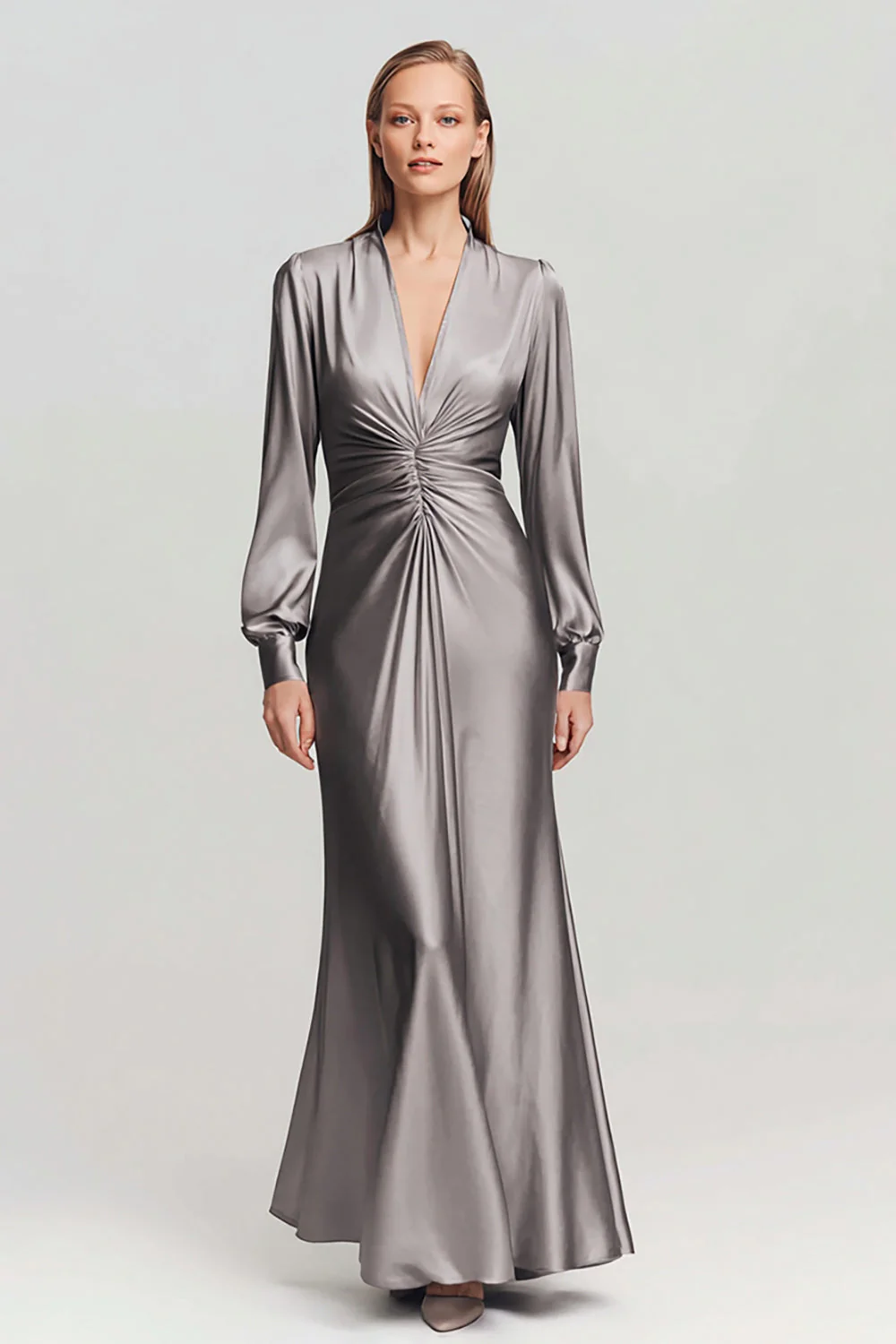 Grey Ruched Satin V Neck Long Formal Dress with Sleeves - VNBITS