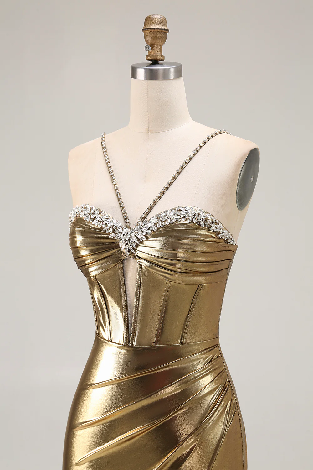 Sparkly Golden Metallic Corset Mermaid Long Prom Dress with Slit - VNBITS