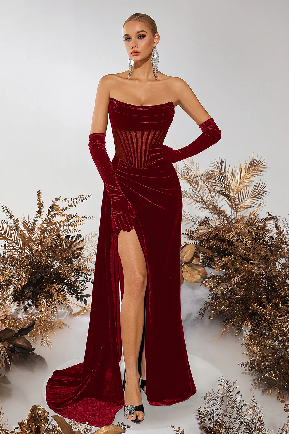 Black Velvet Sheath Strapless Ruched Long Corset Prom Dress with Slit - VNBITS