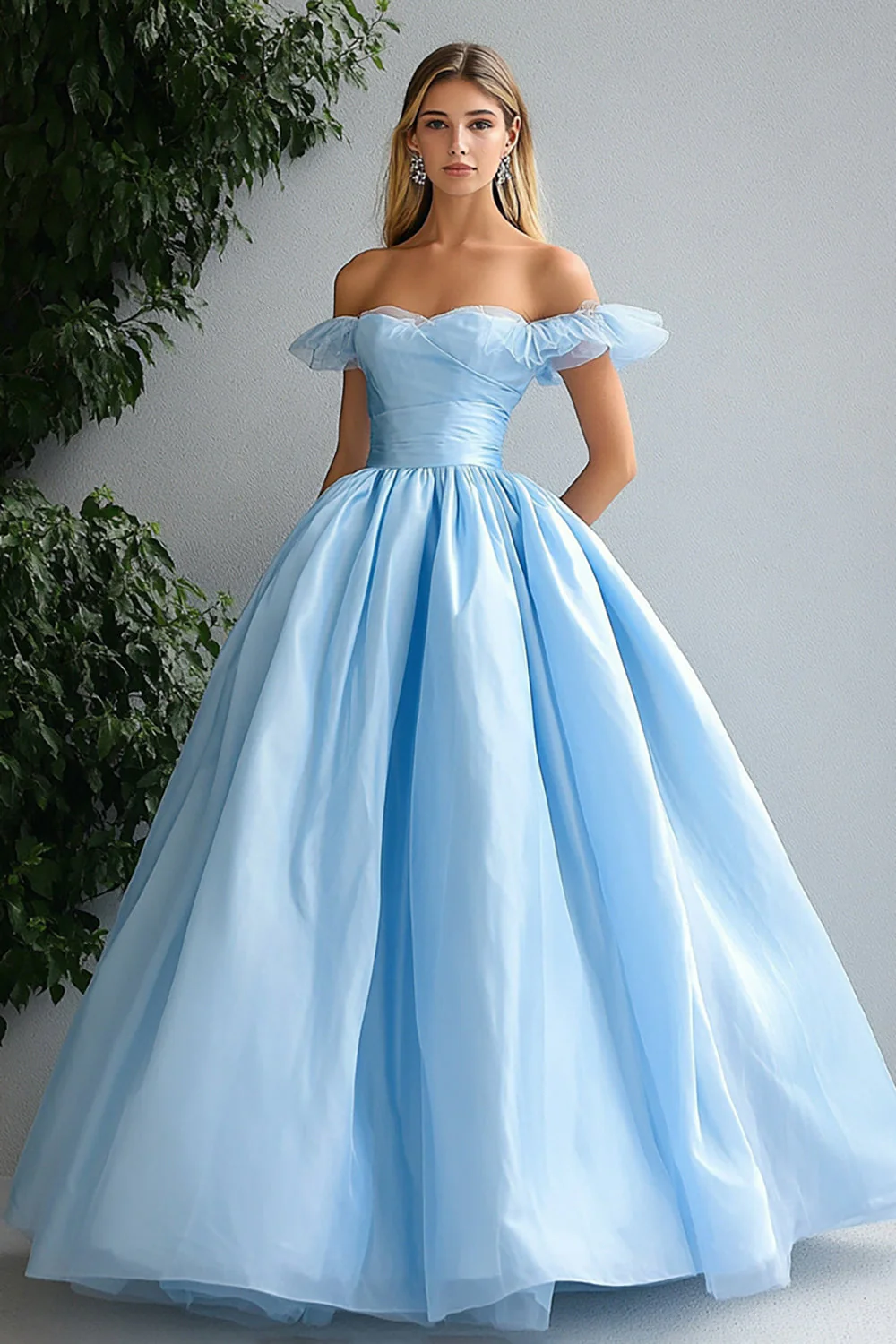 Sweetheart Sky Blue Ball Gown Off the Shoulder Long Prom Dress - VNBITS