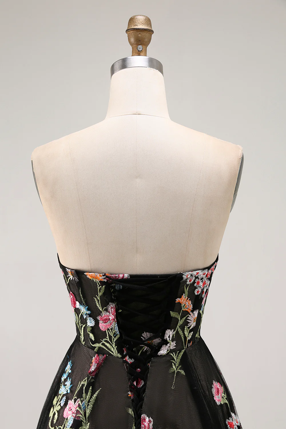 Black Strapless Floral A Line Long Prom Dress - VNBITS