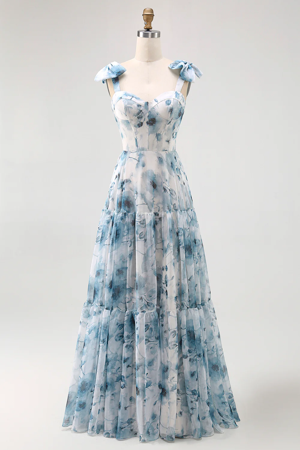 Blue A Line Floral Chiffon Long Bridesmaid Dress with Bows - VNBITS