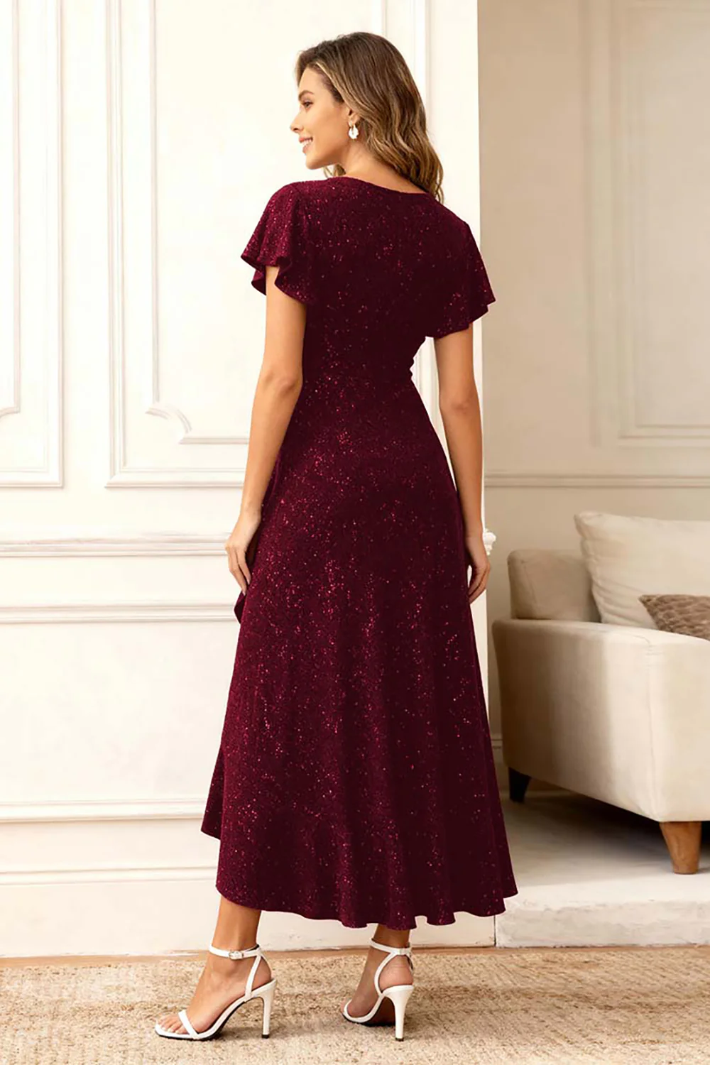 Black Round Neck Midi Glitter Holiday Party Dress with Sleeves - VNBITS