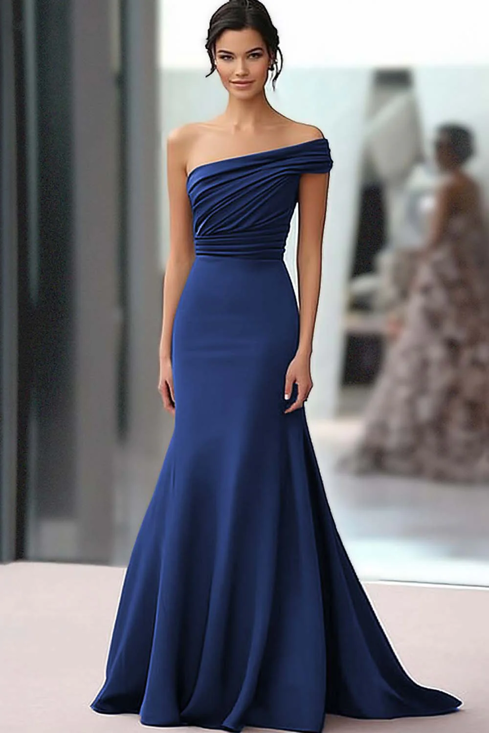 Coffee One Shoulder Crepe Mermaid Long Ruched Gala Dress - VNBITS