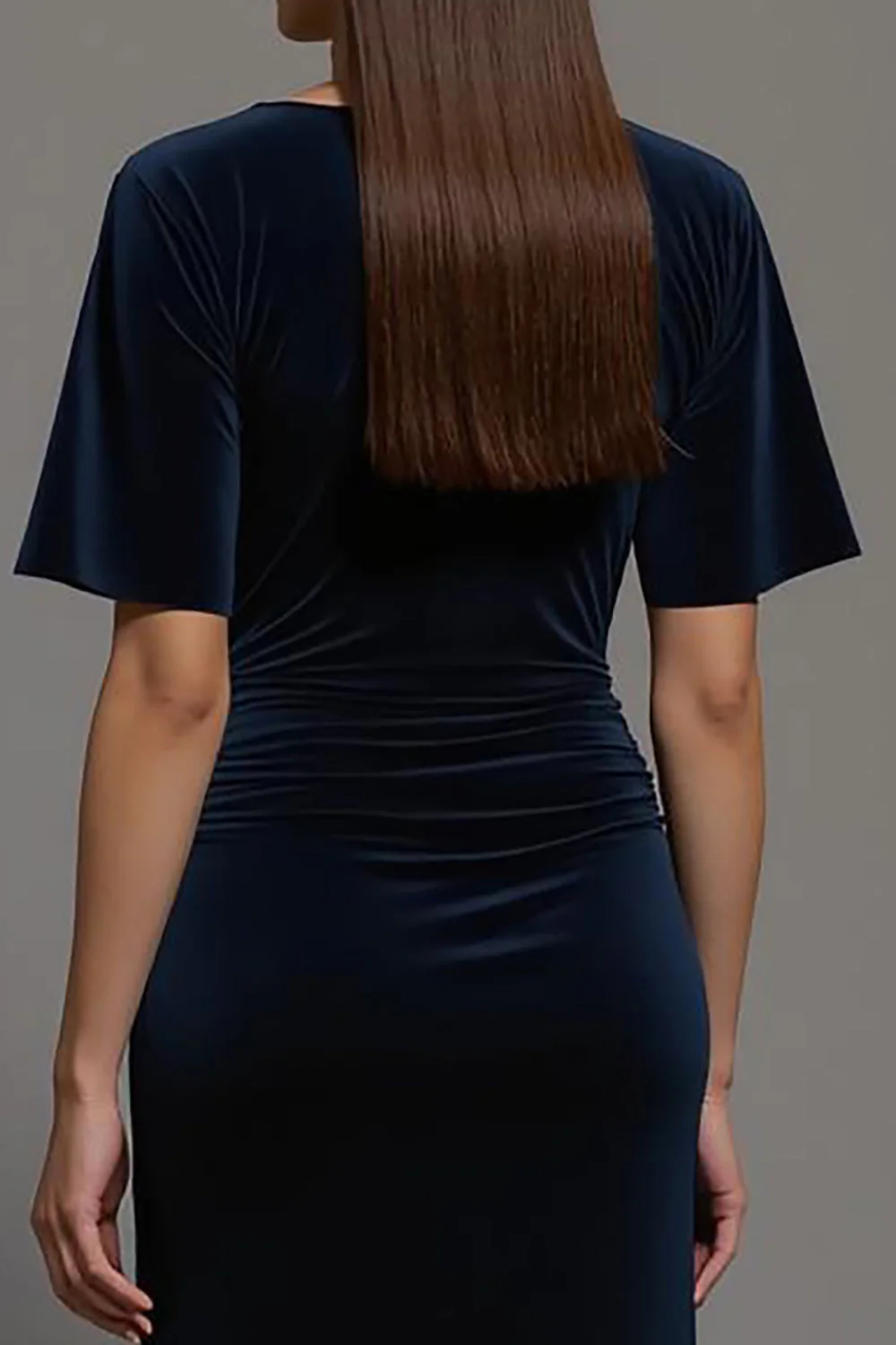 Navy Velvet Bateau Neck Sheath Long Formal Dress with Sleeves - VNBITS